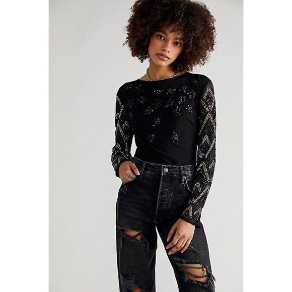 NWT FREE PEOPLE Sz M STARGAZER BODYSUIT SEQUIN EMBELLISHED MESH IN BLACK - Picture 1 of 5